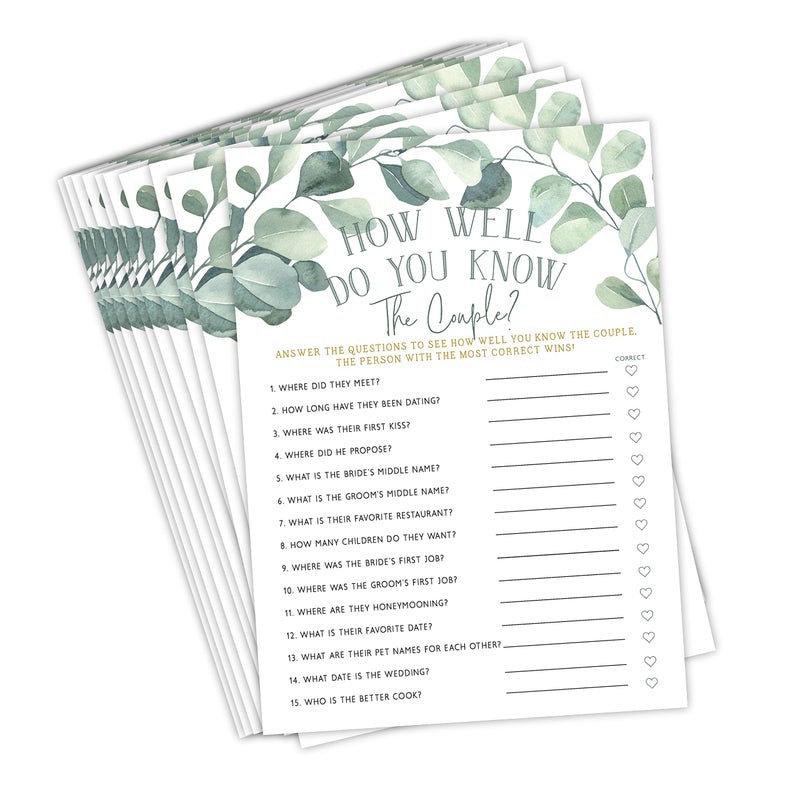 Your Main Event Prints Eucalyptus Bridal Shower Games and Activities (How Well Do You Know The Couple) - Image 1