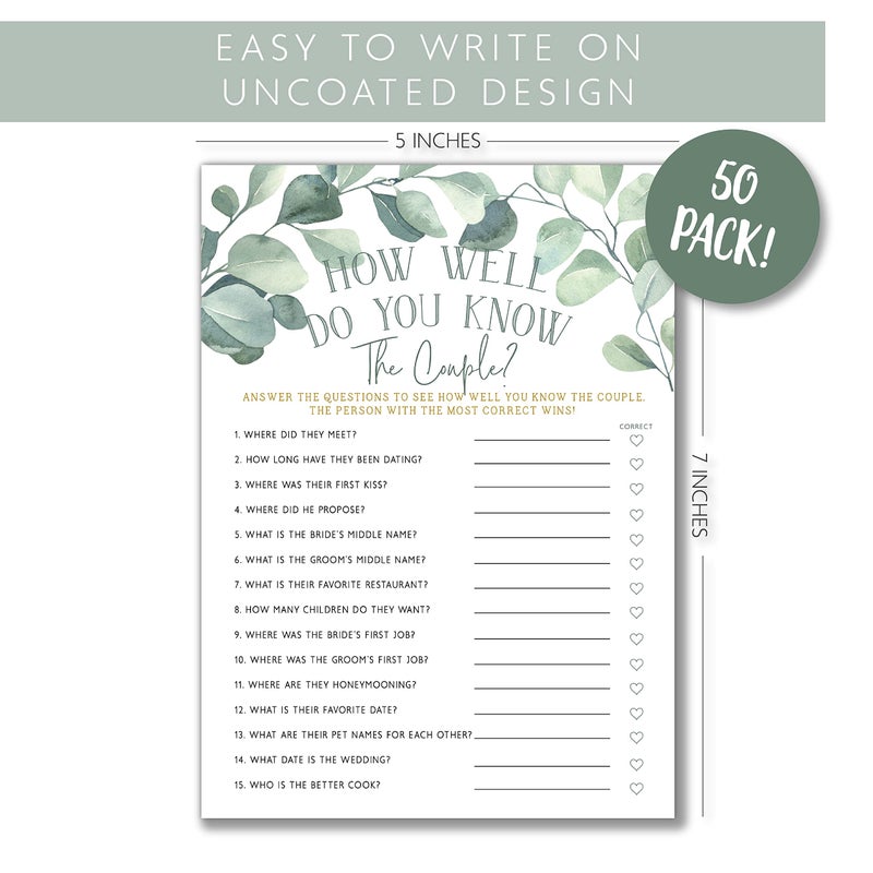 Your Main Event Prints Eucalyptus Bridal Shower Games and Activities (How Well Do You Know The Couple) - Image 2