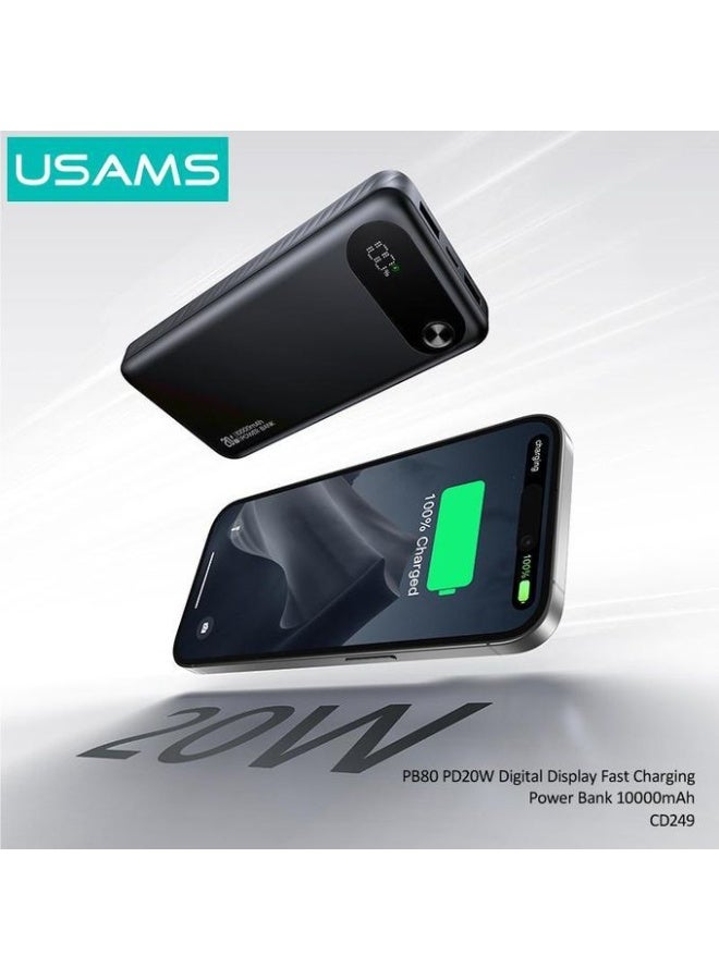 أوسامس بنك طاقة Usams PB80 CD249 بسعة 10000 مللي أمبير مع شحن سريع بقوة 20 واط وشاشة عرض رقمية - أسود - Image 2