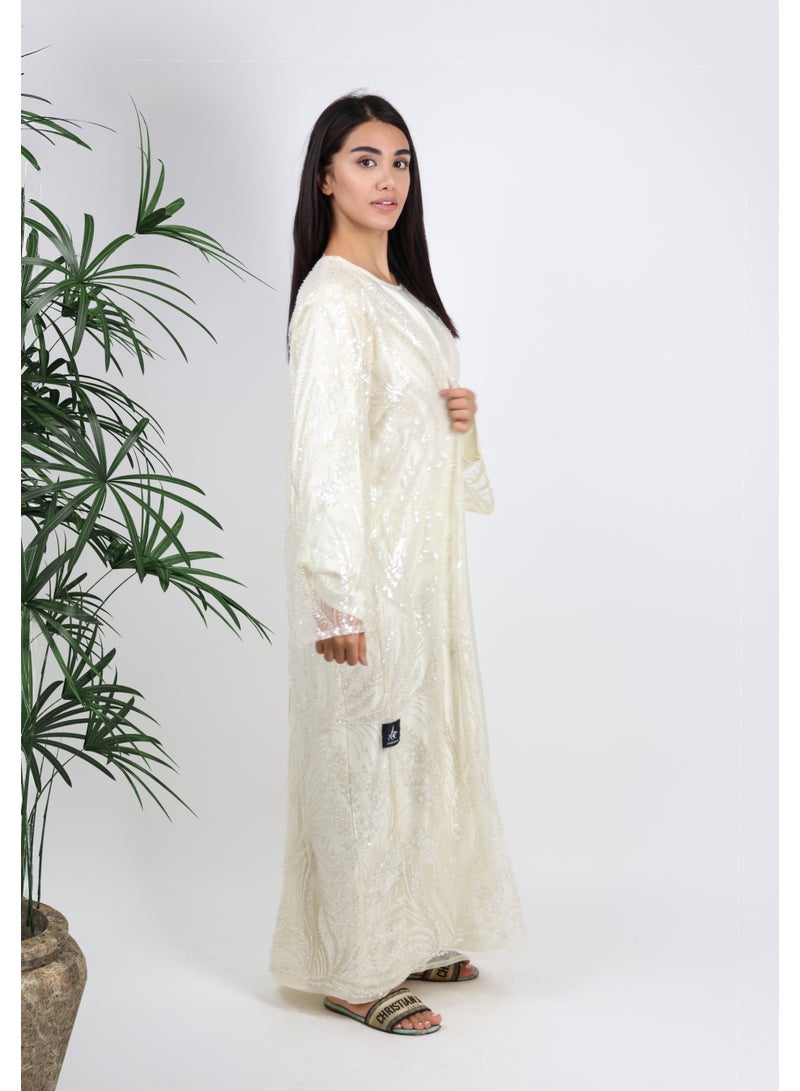 JAMEELA Embellished Off-White Abaya with Satin Inner & Matching Scarf - Image 3