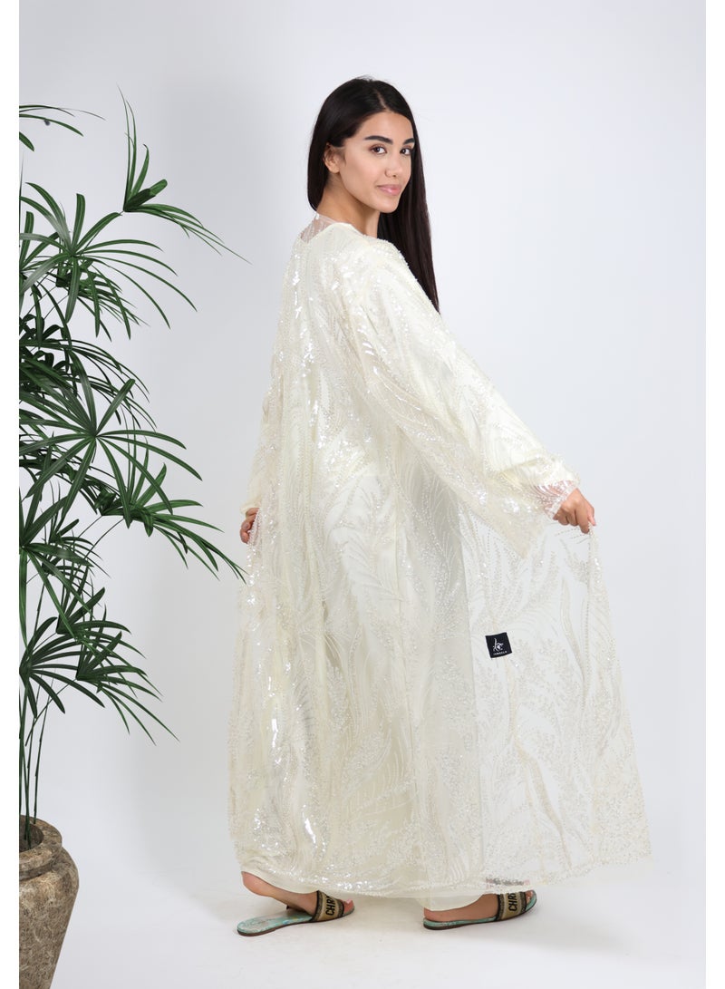 JAMEELA Embellished Off-White Abaya with Satin Inner & Matching Scarf - Image 4