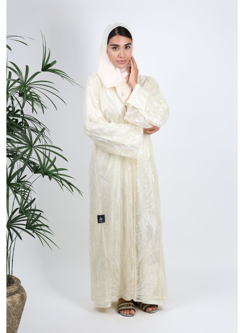 JAMEELA Embellished Off-White Abaya with Satin Inner & Matching Scarf - Image 1