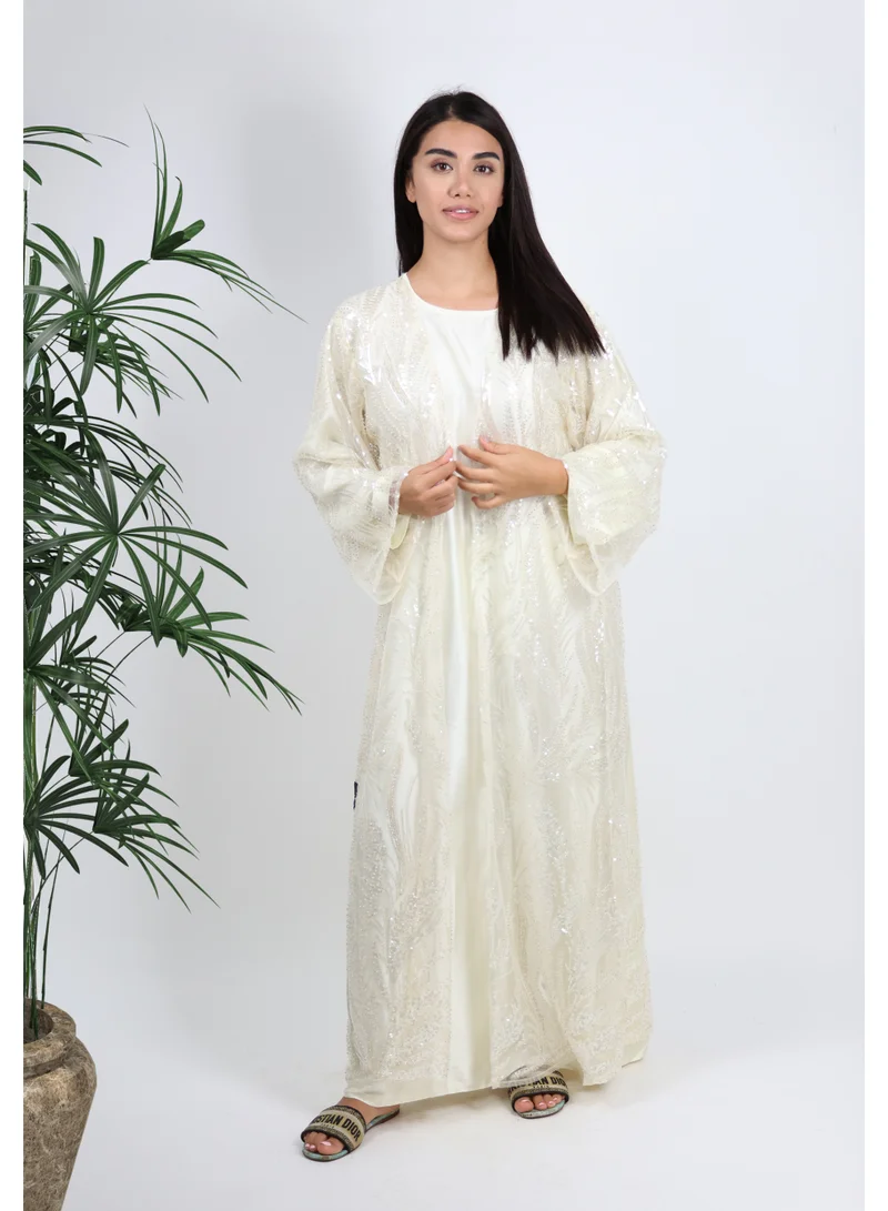 JAMEELA Embellished Off-White Abaya with Satin Inner &amp; Matching Scarf