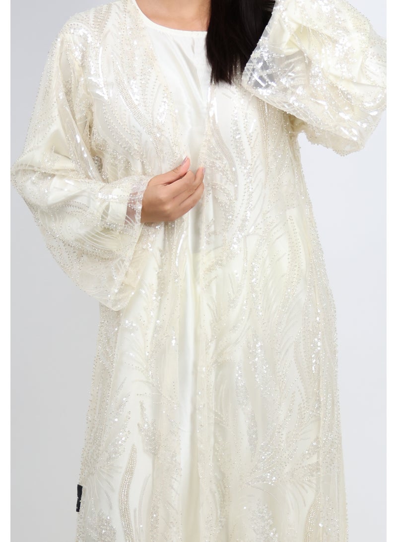 JAMEELA Embellished Off-White Abaya with Satin Inner & Matching Scarf - Image 5