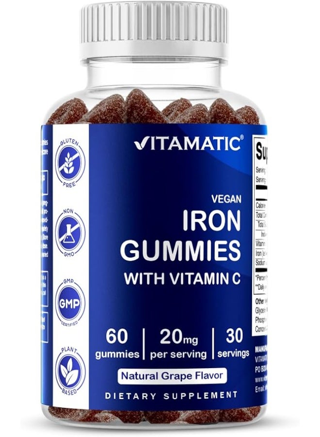 Vitamatic Vegan Iron 20 mg with VIT. C, 60 Natural Grape Flavor Gummies - Image 1