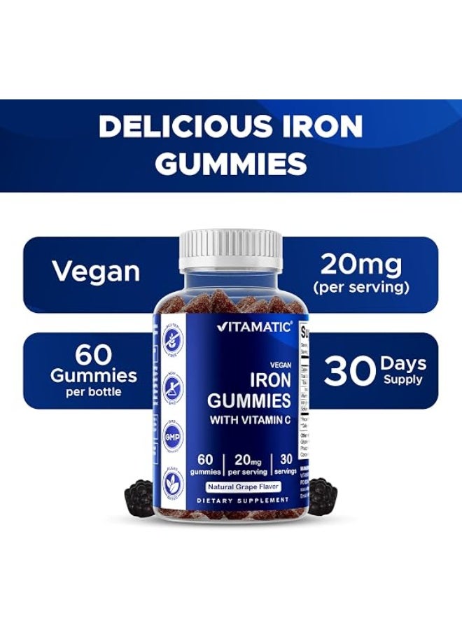 Vitamatic Vegan Iron 20 mg with VIT. C, 60 Natural Grape Flavor Gummies - Image 2