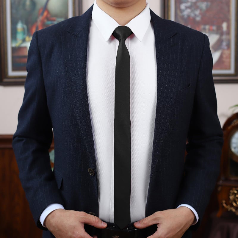 PenSee Men's Black Ties Thin Solid Pure Color 1.58" (4CM) Plain Slim Necktie Skinny Ties For Men - Image 2