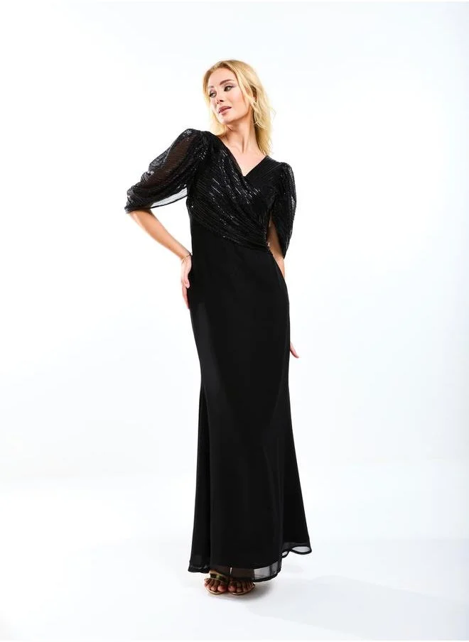 House of Moda House of Moda Wrap Over Draped Puff Sleeves A-Line Maxi Dress