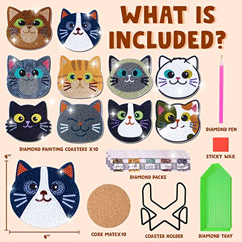 Insnug 10PCs Diamond Painting Coasters Set - Cat Theme Diamond Art Coasters Painting Kits for Kids Adult Dots, Arts and Crafts DIY Kits for Adults and Kids Gift for Valentine's Day - Image 2