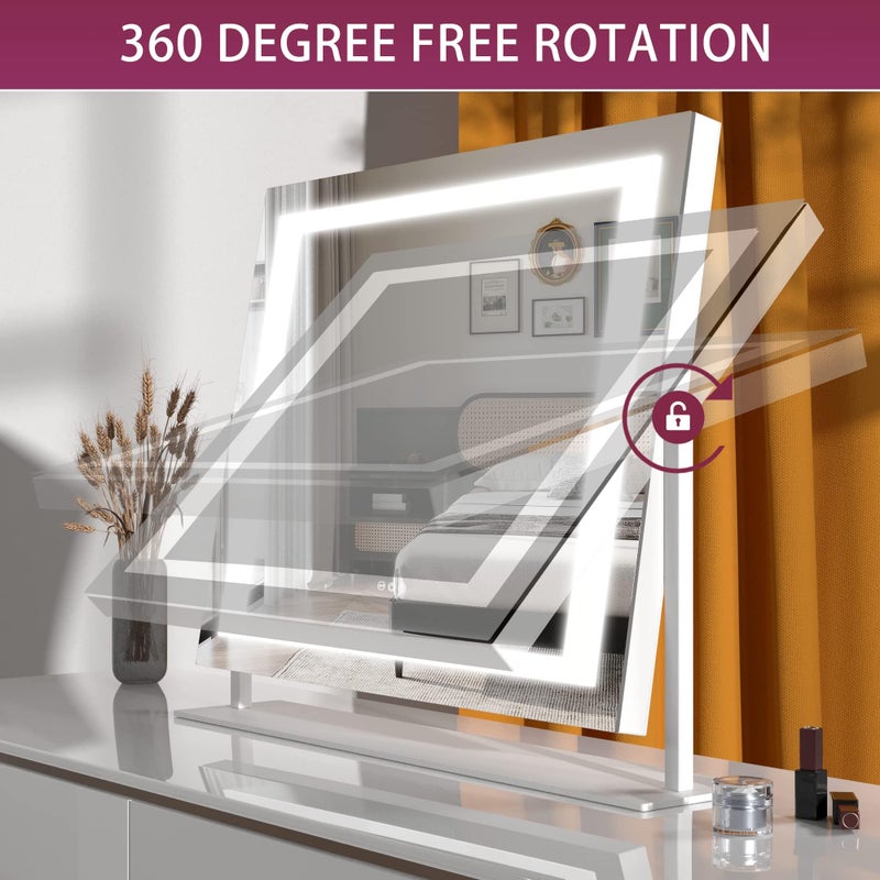 Hasipu Vanity Mirror with Lights, 24.2" x 19.7" LED Makeup Mirror, Light up Mirror with 10X Magnification and USB, Phone Holder, Smart Touch 3 Colors Dimmable, 360Â° Rotation (Right Angle White) - Image 3