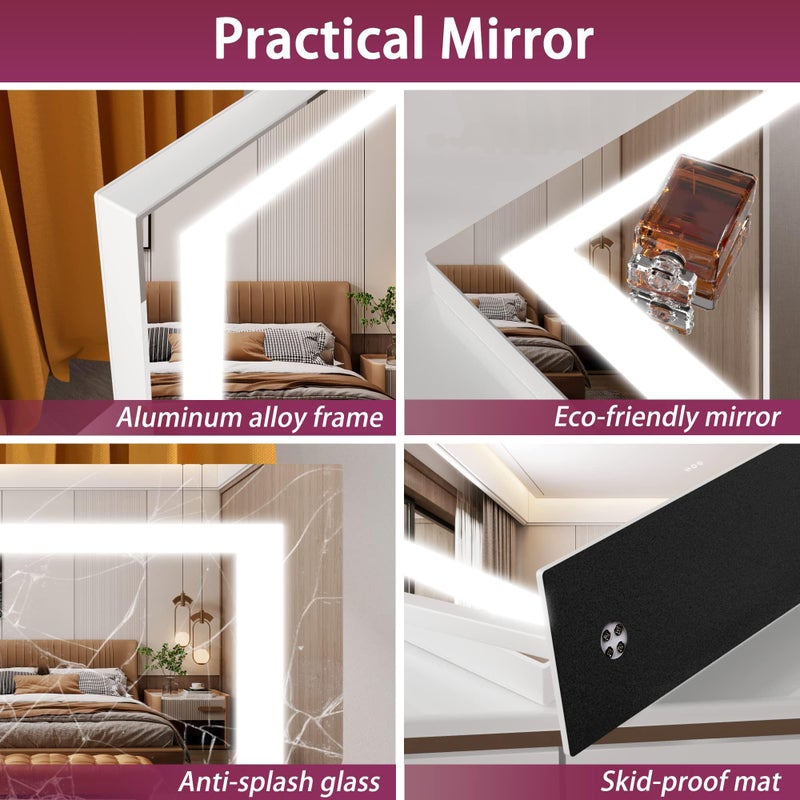 Hasipu Vanity Mirror with Lights, 24.2" x 19.7" LED Makeup Mirror, Light up Mirror with 10X Magnification and USB, Phone Holder, Smart Touch 3 Colors Dimmable, 360Â° Rotation (Right Angle White) - Image 5