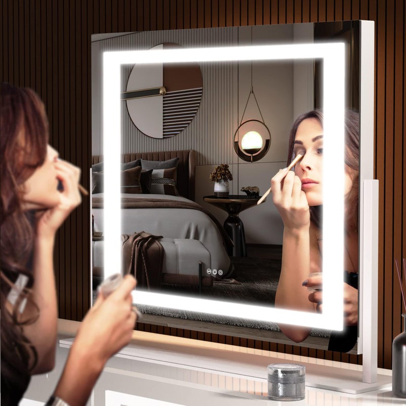 Hasipu Vanity Mirror with Lights, 24.2" x 19.7" LED Makeup Mirror, Light up Mirror with 10X Magnification and USB, Phone Holder, Smart Touch 3 Colors Dimmable, 360Â° Rotation (Right Angle White) - Image 4