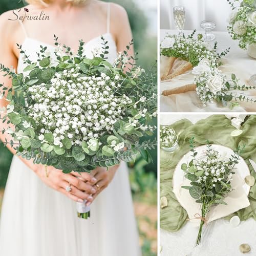 Serwalin 100 Pcs Mixed Artificial Eucalyptus Stems,Babys Breath Artificial Flowers Bulk with Faux Eucalyptus Leaves Greenery Stems for Wedding DIY Bouquets Floral Arrangement Home Decor - Image 3