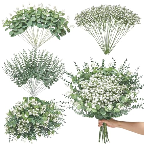 Serwalin 100 Pcs Mixed Artificial Eucalyptus Stems,Babys Breath Artificial Flowers Bulk with Faux Eucalyptus Leaves Greenery Stems for Wedding DIY Bouquets Floral Arrangement Home Decor - Image 1