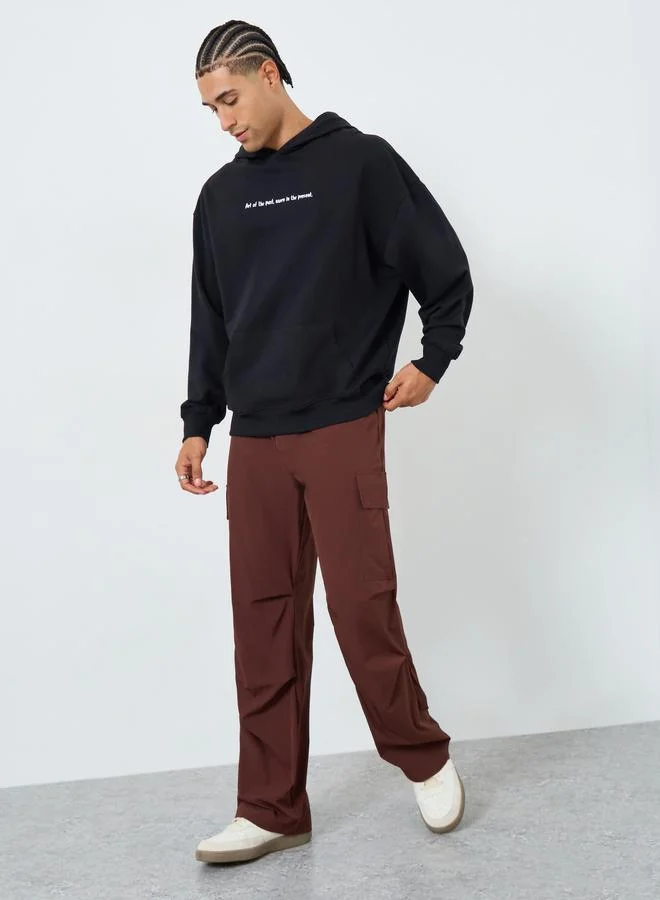 Styli Men Black Graphic Print Oversized Fleece Hoodie