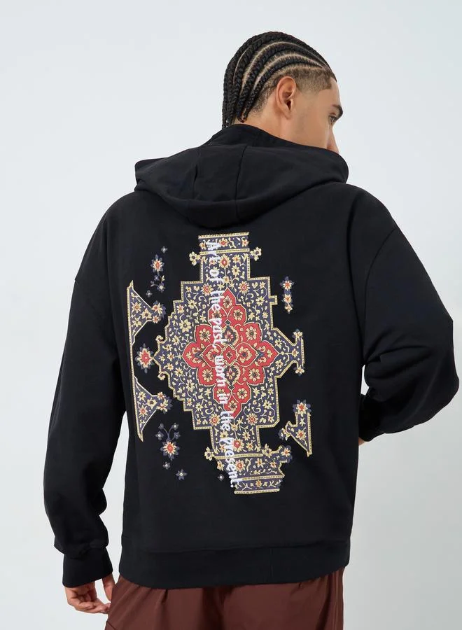 Men Black Graphic Print Oversized Fleece Hoodie
