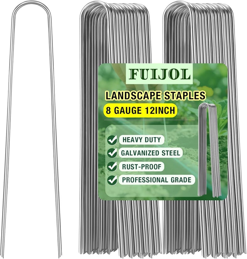 FUIJOL 8 Gauge Landscape Staples, 12 Inch Heavy Duty U-Shaped Landscape Stakes, 50 Pack Galvanized Garden Staples for Weed Barrier Stakes, Ground Cover, Irrigation Tubing, Fence (50) - Image 1
