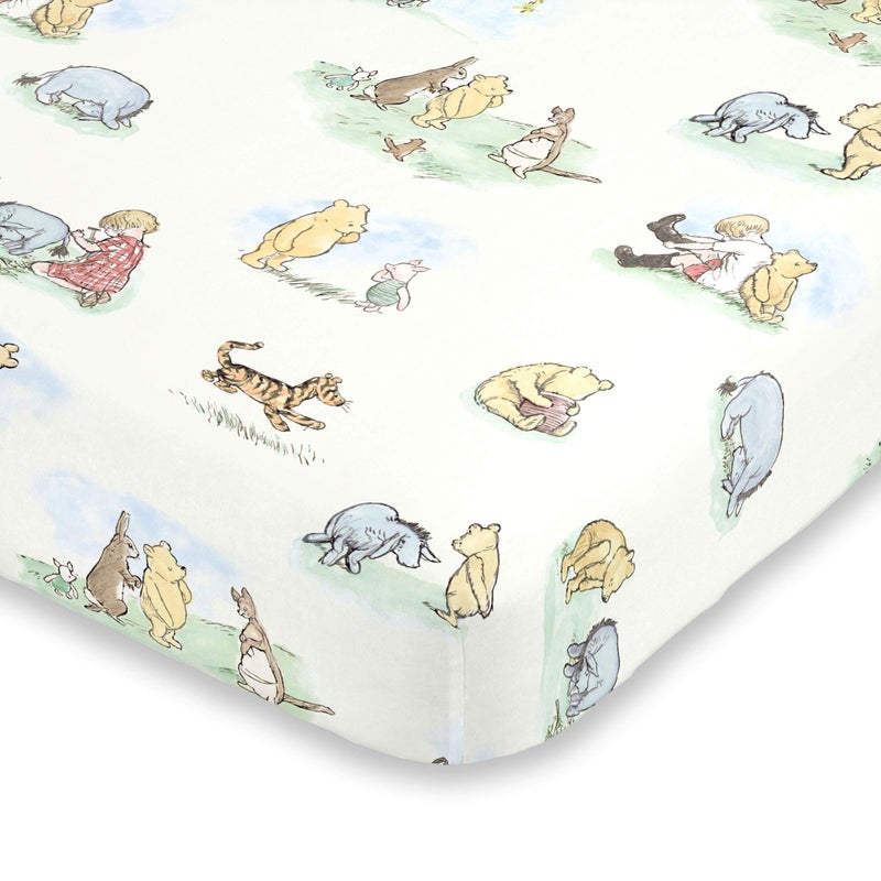 Disney Winnie The Pooh Classic Pooh Ivory, Blue, Sage, Tan Storybook 6 Piece Nursery Crib Bedding Set - Comforter, 2 Fitted Crib Sheets, Dust Ruffle, Baby Blanket, Changing Pad Cover - Image 3