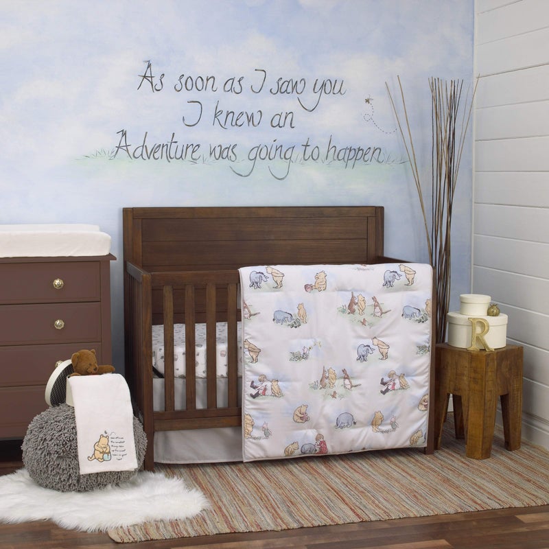 Disney Winnie The Pooh Classic Pooh Ivory, Blue, Sage, Tan Storybook 6 Piece Nursery Crib Bedding Set - Comforter, 2 Fitted Crib Sheets, Dust Ruffle, Baby Blanket, Changing Pad Cover - Image 1