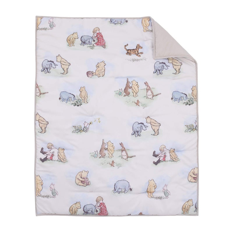 Disney Winnie The Pooh Classic Pooh Ivory, Blue, Sage, Tan Storybook 6 Piece Nursery Crib Bedding Set - Comforter, 2 Fitted Crib Sheets, Dust Ruffle, Baby Blanket, Changing Pad Cover - Image 2