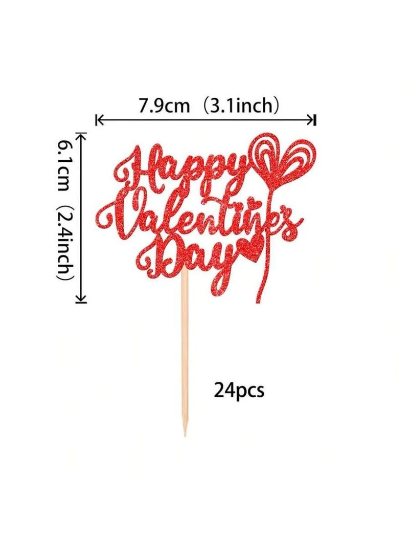 زينه يوم الحب تغريسات كيك باللون الاحمر اللامع مجموعه من 12 قطعه  بتصميم عبارة يوم حب سعيد تضيف لمسة رومانسية و مميزة للحلويات والكب كيك لتزيين و للاحتفال بيوم الحب - Image 5