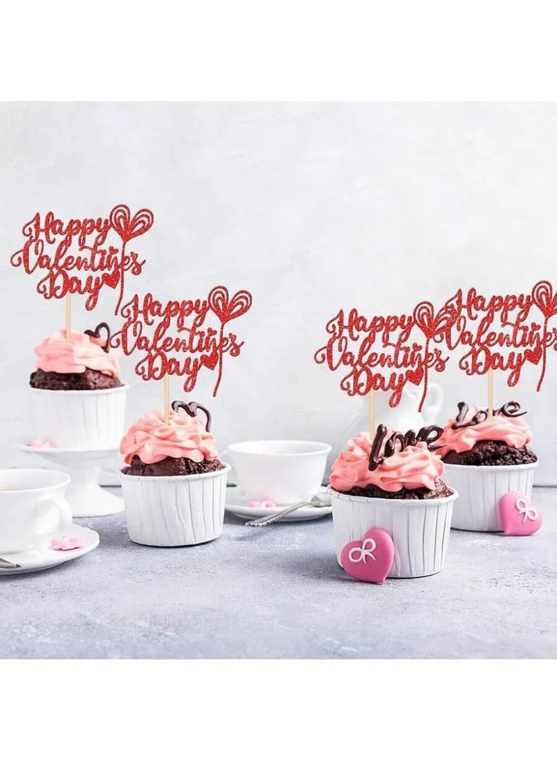 زينه يوم الحب تغريسات كيك باللون الاحمر اللامع مجموعه من 12 قطعه  بتصميم عبارة يوم حب سعيد تضيف لمسة رومانسية و مميزة للحلويات والكب كيك لتزيين و للاحتفال بيوم الحب - Image 1
