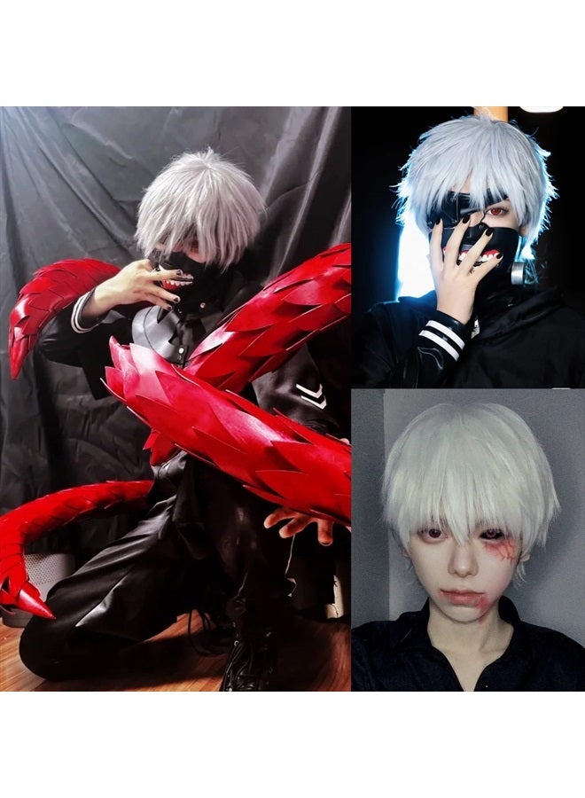 ANOGOL Hair Cap + Short Wig for Men, Silver White Men's Wig for Cosplay, Short Silver White Wig for Halloween Boy Christmas Event Costume Party - Image 3