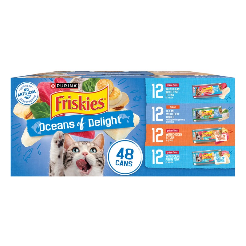 Friskies Purina Friskies Wet Cat Food Variety Pack, Oceans of Delight Flaked and Prime Filets - 48 ct. Can - Image 1