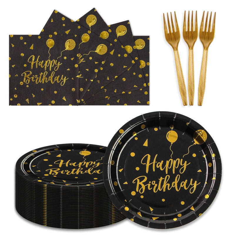 PUEVENYI 150PCS Happy Birthday Paper Plates and Napkins - 7 Inch Black Gold Dot Paper Plates and 6.5 Inch Napkins with 6.3 Inch Gold Forks Disposable Tableware Set for Birthday Party Decorations  Serves 50 - Image 1