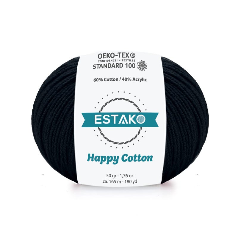 Estako Happy Cotton 60 Cotton 40 Acrylic Yarn Soft FineSport 2 for Crochet and Knitting 176 Oz 50g 180 Yrds 165m 4810 Black