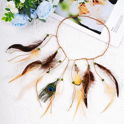 obmwang Indian Feather Headband Native American Tribal Costumes Head Dress with Feathers for Women and Girls - Image 4