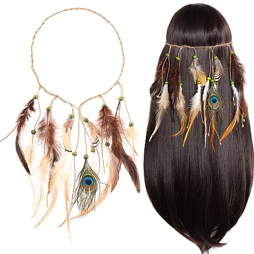 obmwang Indian Feather Headband Native American Tribal Costumes Head Dress with Feathers for Women and Girls - Image 1