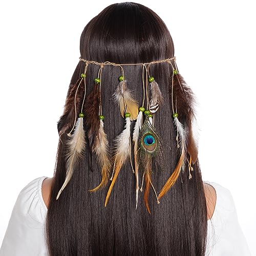 obmwang Indian Feather Headband Native American Tribal Costumes Head Dress with Feathers for Women and Girls - Image 5