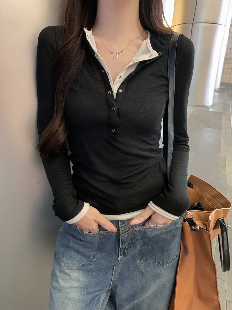 Tea-style Womens 2024 Autumn Slim-fit Chic Fake Two-piece Unique Thin Top with Henry Collar Contrast Color Shoulder T-shirt Black - Image 1