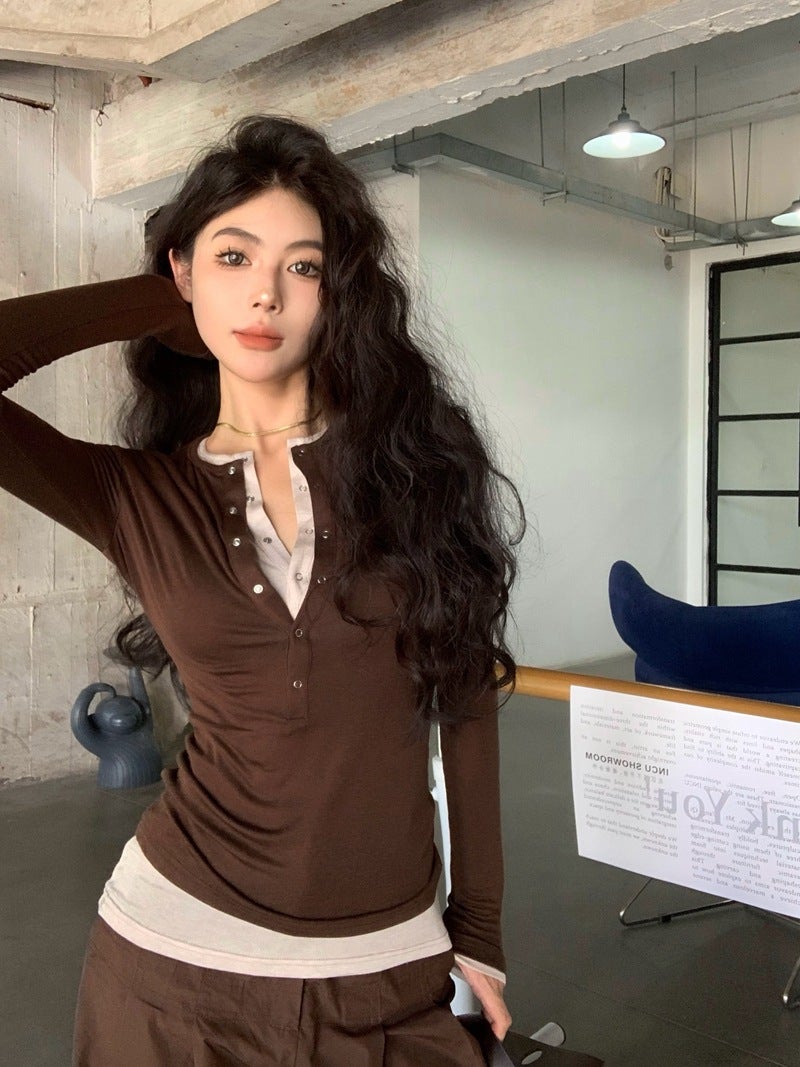 Tea-style Womens 2024 Autumn Slim-fit Chic Fake Two-piece Unique Thin Top with Henry Collar Contrast Color Shoulder T-shirt Black - Image 2
