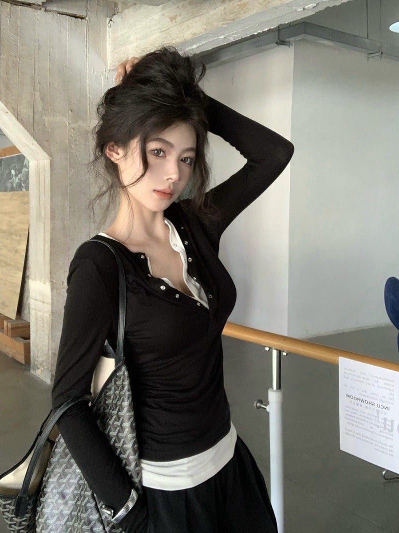 Tea-style Womens 2024 Autumn Slim-fit Chic Fake Two-piece Unique Thin Top with Henry Collar Contrast Color Shoulder T-shirt Black - Image 4