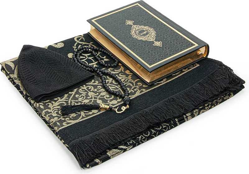 İhvan Ihvan Black Thermo Leather Quran Gift Prayer Rug Set Suitable for Dowry Groom's Pack