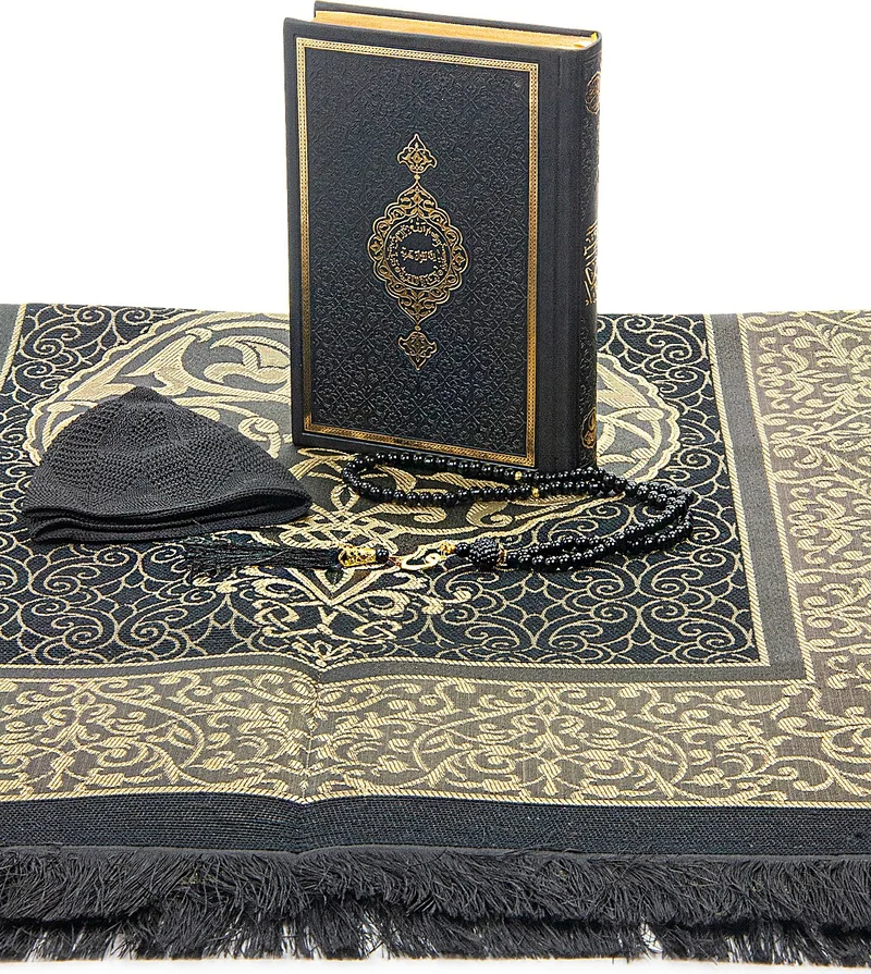 İhvan Ihvan Black Thermo Leather Quran Gift Prayer Rug Set Suitable for Dowry Groom's Pack