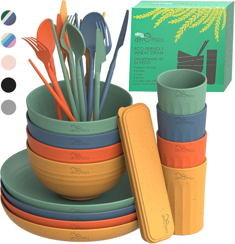 DINETHICS Wheat Straw Dinnerware Sets For 4 - Camping Plates Cups And Bowls Set - Dishwasher Microwave Safe Dishes - Alternate To Plastic Dinnerware Set - Wheat Straw Plates And Bowls Sets - RV Dishes - Image 1