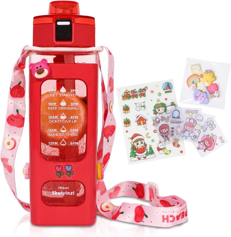 fufeisi Kawaii Water Bottle for Girls,Cute Kids Water Bottles with Straw,700ml Portable LeakProof Water Bottles With Adjustable Shoulder Strap for School(Red)… - Image 1