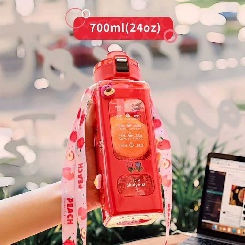 fufeisi Kawaii Water Bottle for Girls,Cute Kids Water Bottles with Straw,700ml Portable LeakProof Water Bottles With Adjustable Shoulder Strap for School(Red)… - Image 4