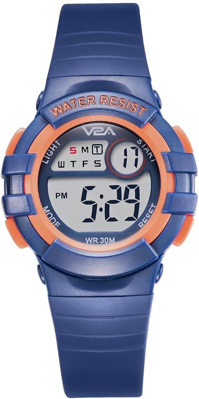 V2A Digital Watch for Boys Kids Between 3 to 10 Years of Age Multi-Functional 30 M Waterproof Digital Sports Stainless Steel Watches for Boys| Watch for Kids age 3 5 6 7 8 (Orange Case and Blue Band) - Image 1