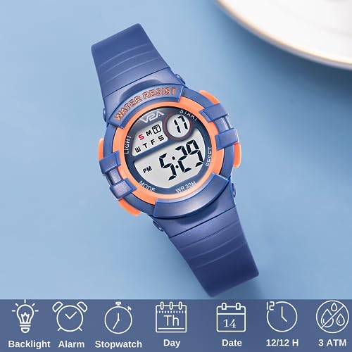 V2A Digital Watch for Boys Kids Between 3 to 10 Years of Age Multi-Functional 30 M Waterproof Digital Sports Stainless Steel Watches for Boys| Watch for Kids age 3 5 6 7 8 (Orange Case and Blue Band) - Image 2