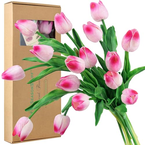 FiveSeasonStuff Real Touch Tulips Artificial Flowers – 15 Stems Faux Tulip Bouquet in Gift Box for Wedding, Home Decor, Party, Floral Arrangements (Creamy Pink) - Image 1