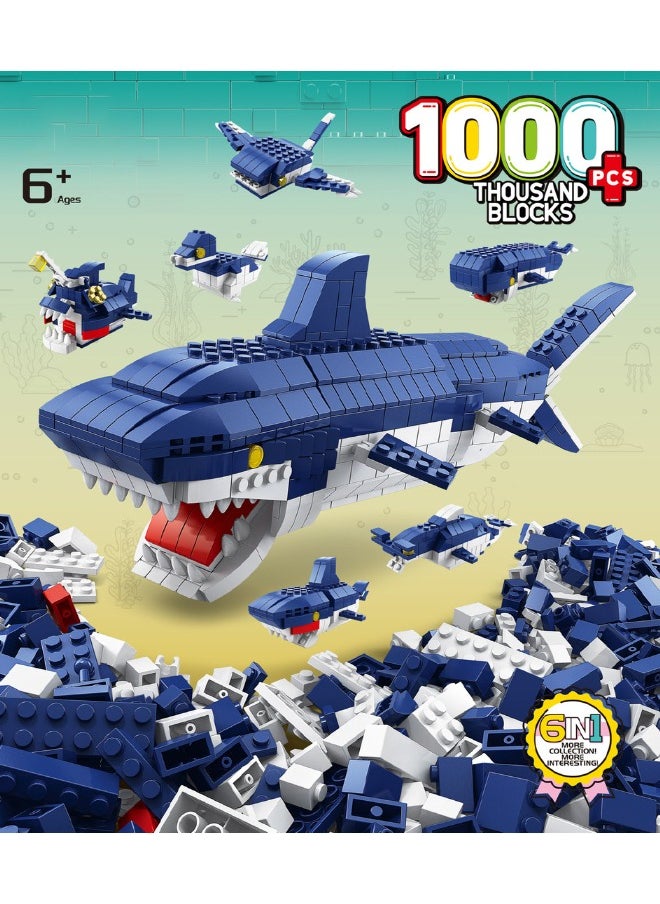 LELE BROTHER - 6-in-1 Shark Building Blocks Set, Ocean Shark Shape Building Toys, Shark Toy Set, STEM Learning Building Blocks Set, Ideal Gifts for Kids Age 6+ Year Old (1000 PCS) - Image 1