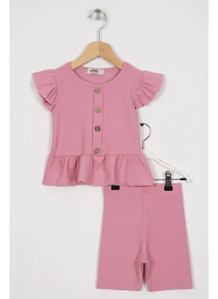 Zepkids Pink Color Girl's Tights Set with Frilled Button Detail Skirt