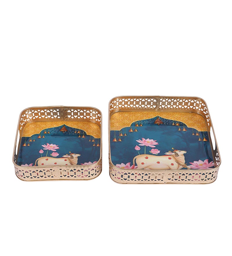 Two Moustaches Square Shaped Cow with Calf Design Serving Tray Set (8 Inches & 10 Inches),Serving Plates for Home, Platters for Tea/Fruits/Snacks, Decorative Pichwai Tray, Multicolored, Pack of 2 - Image 4