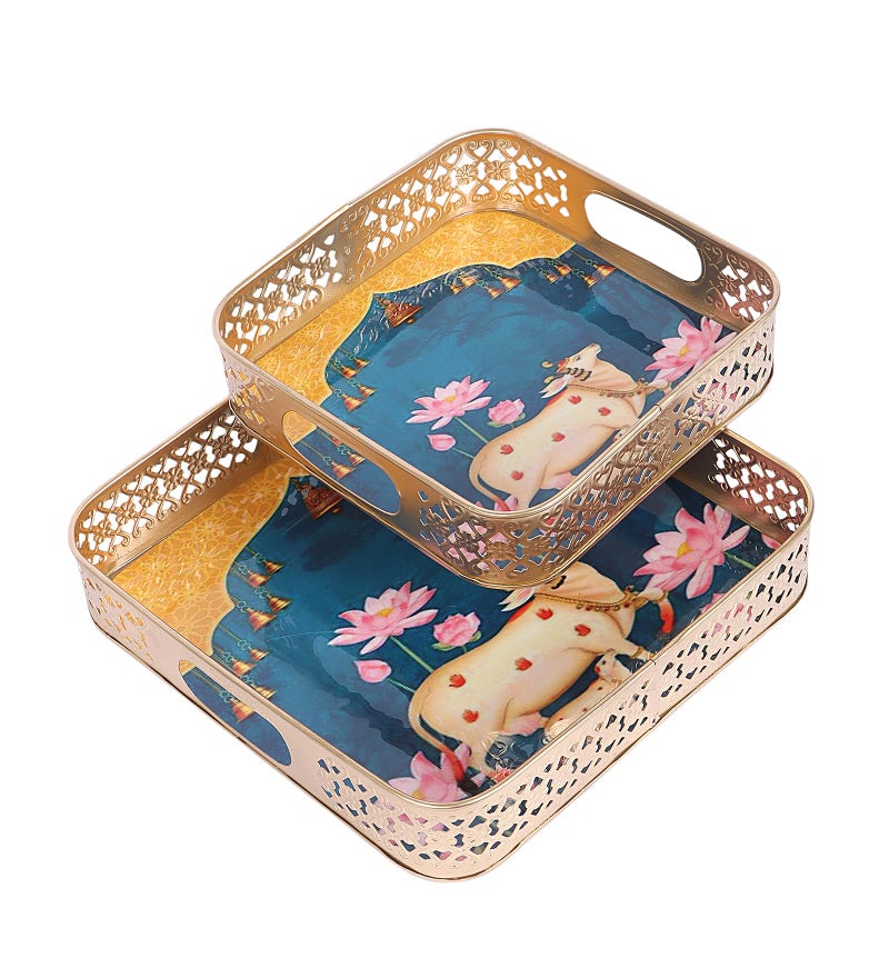 Two Moustaches Square Shaped Cow with Calf Design Serving Tray Set (8 Inches & 10 Inches),Serving Plates for Home, Platters for Tea/Fruits/Snacks, Decorative Pichwai Tray, Multicolored, Pack of 2 - Image 2