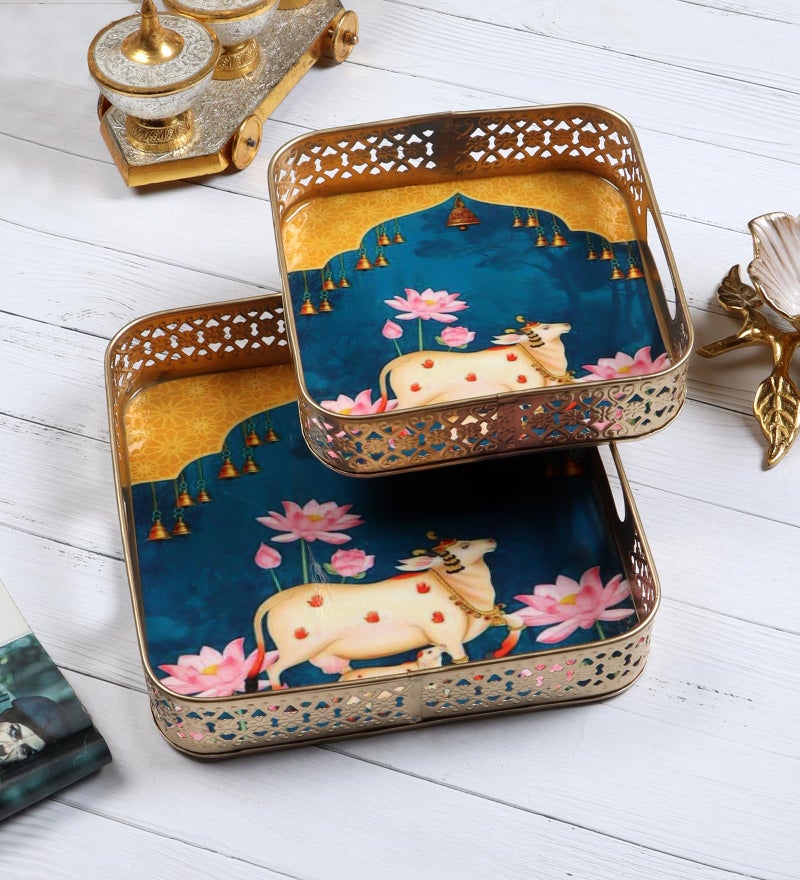 Two Moustaches Square Shaped Cow with Calf Design Serving Tray Set (8 Inches & 10 Inches),Serving Plates for Home, Platters for Tea/Fruits/Snacks, Decorative Pichwai Tray, Multicolored, Pack of 2 - Image 1