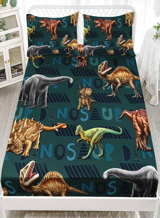 AILONEN 3D Dinosaur Fitted Sheet Twin Size, Cartoon Dinosaur Bedding Set Bed Sheet Set,Green Theme Bedsheets Set 3 PCS,1 Fitted Sheet and 2 Pillowcases - Image 1